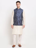 Jompers Men's Off-white Dupion Silk Kurta with Churidar&Nehru Jacket(Blue)