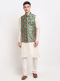 Jompers Men's Off-white Dupion Silk Kurta with Churidar & Nehru Jacket (Green)