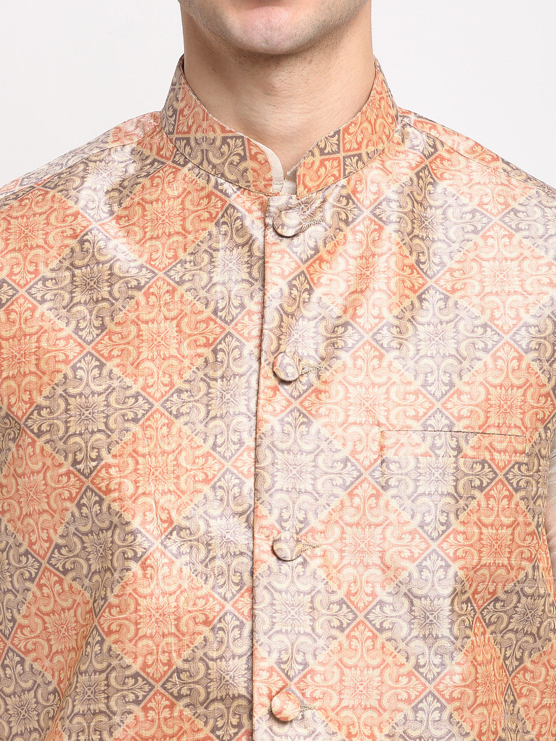 Jompers Men's Off-white Dupion Silk Kurta with Churidar & Nehru Jacket(Peach-Purple)
