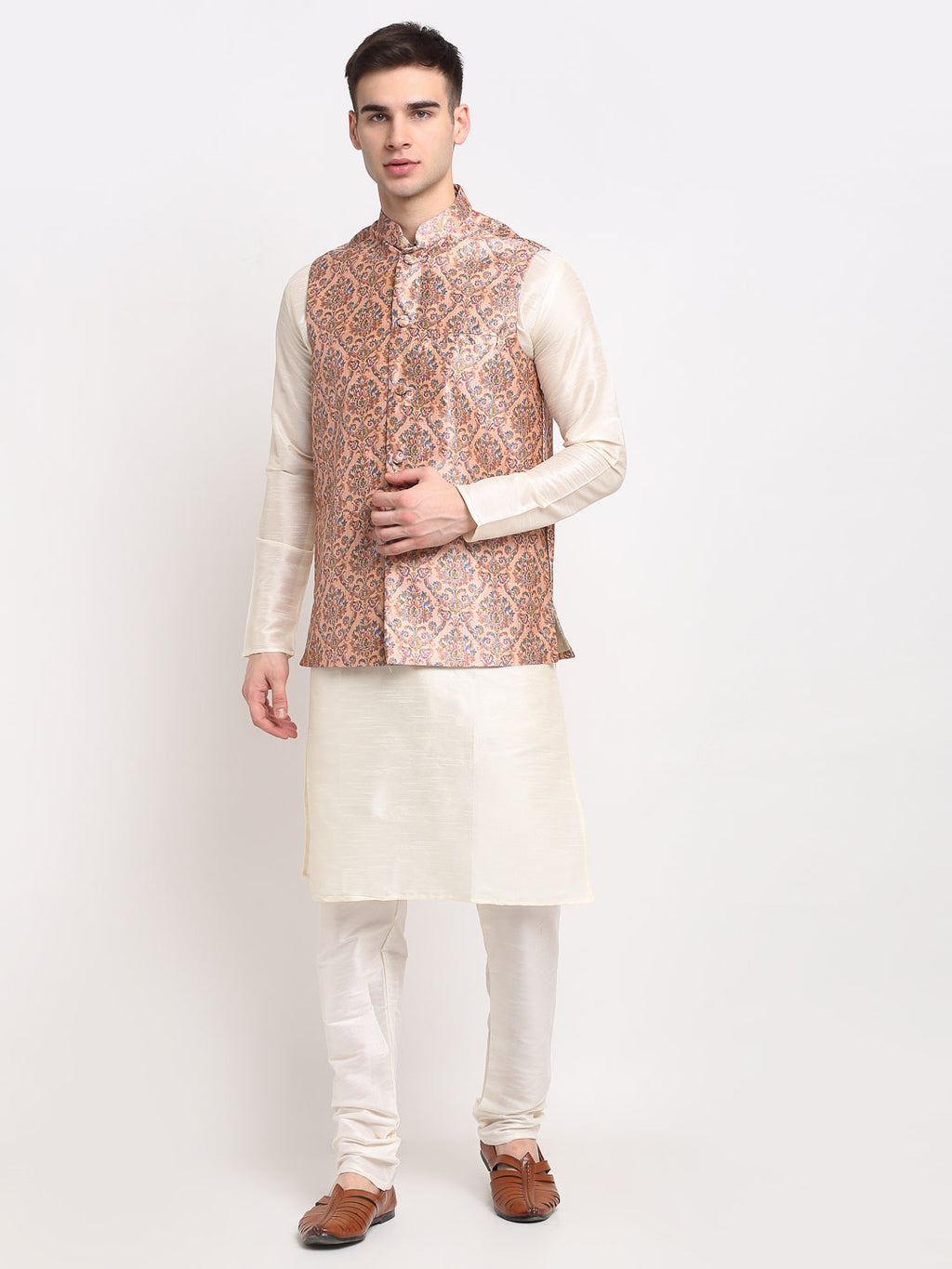 Jompers Men's Off-white Dupion Silk Kurta with Churidar & Nehru Jacket (Peach)