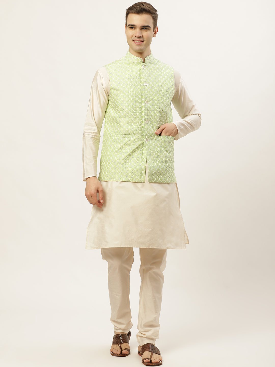Jompers Men's Embroidered Nehru Jacket & Kurta Pyjama (Green )