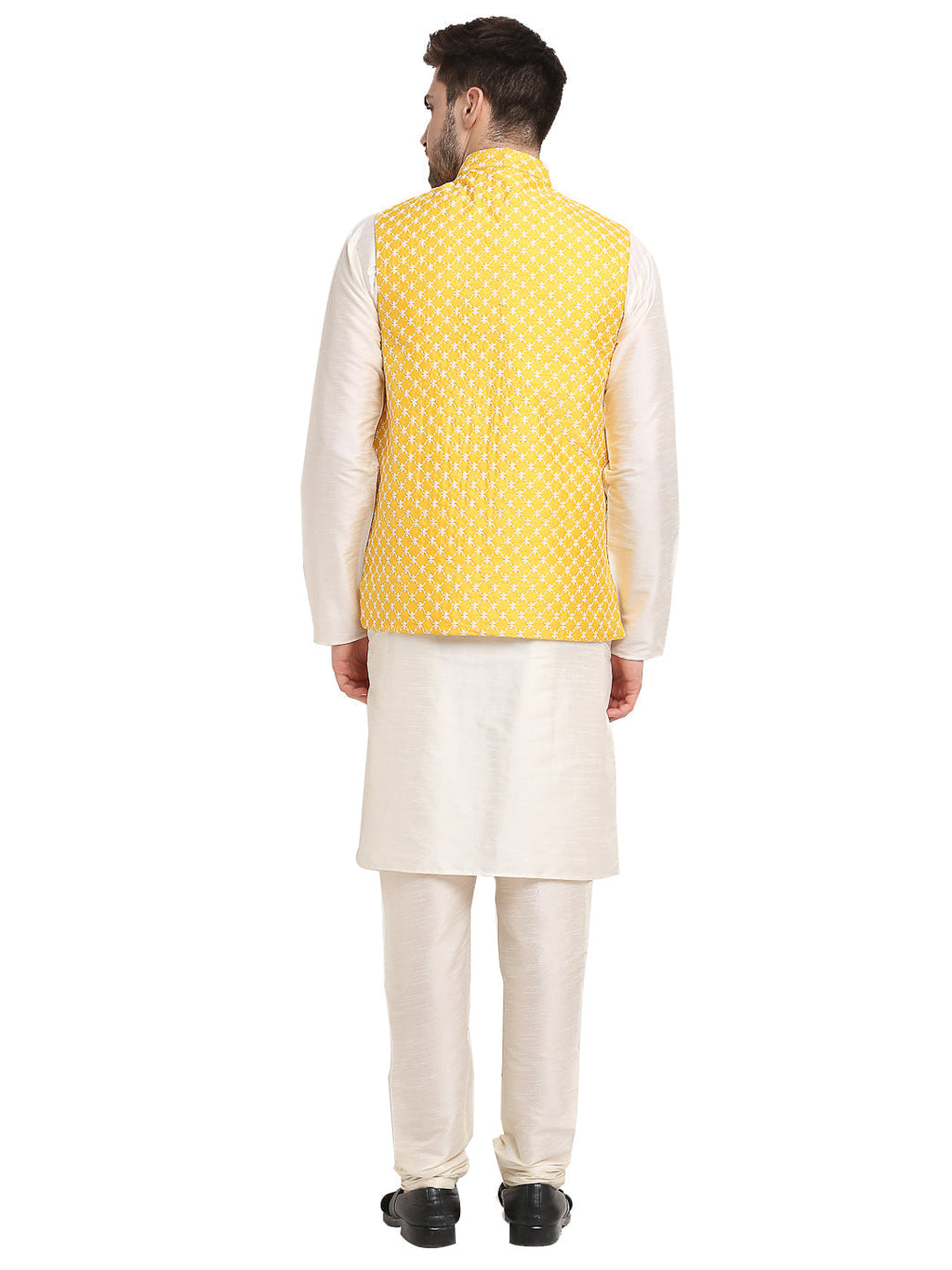 Jompers Men's Embroidered Nehru Jacket & Kurta Pyjama ( Mustard )