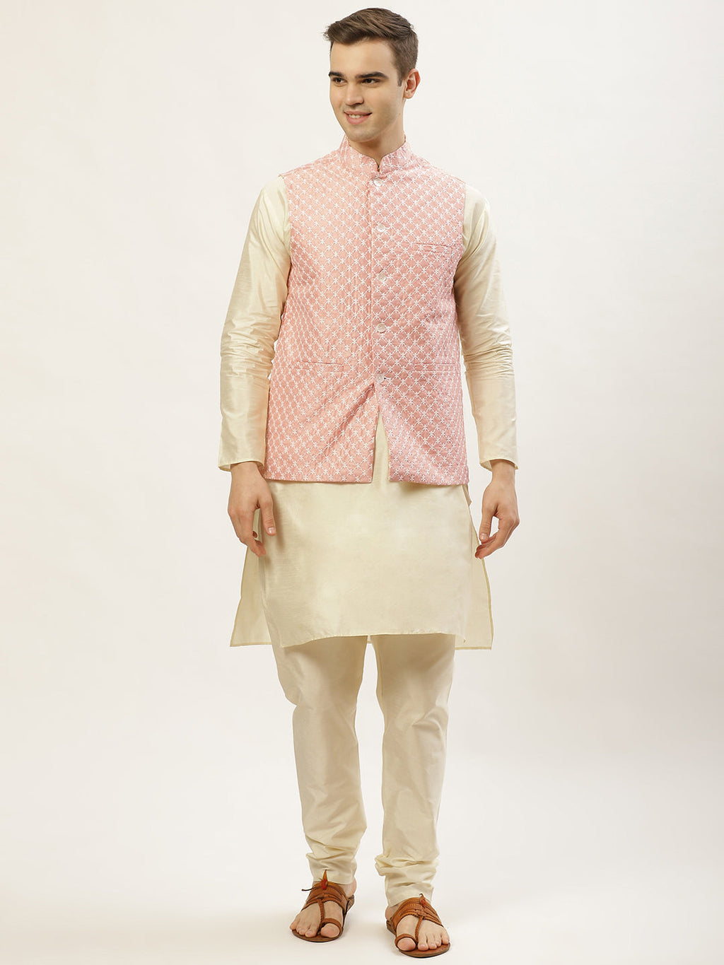 Jompers Men's Embroidered Nehru Jacket & Kurta Pyjama ( Peach )