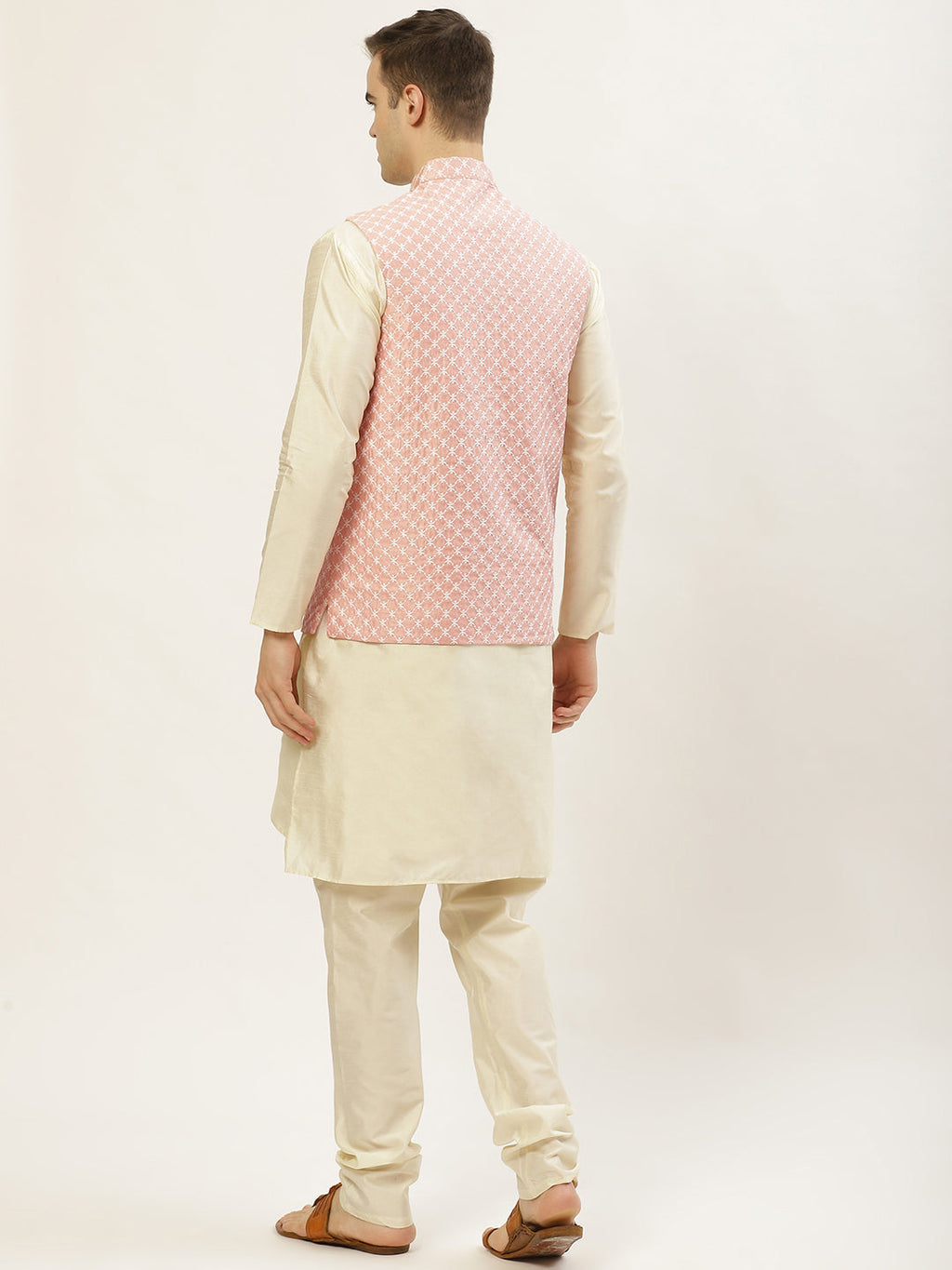 Jompers Men's Embroidered Nehru Jacket & Kurta Pyjama ( Peach )