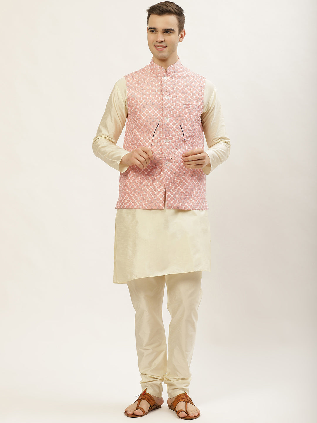 Jompers Men's Embroidered Nehru Jacket & Kurta Pyjama ( Peach )