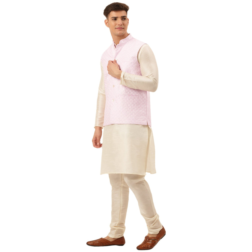 Jompers Men's Woven Design Nehru Jacket and Kurta Pyjama Set - Pink