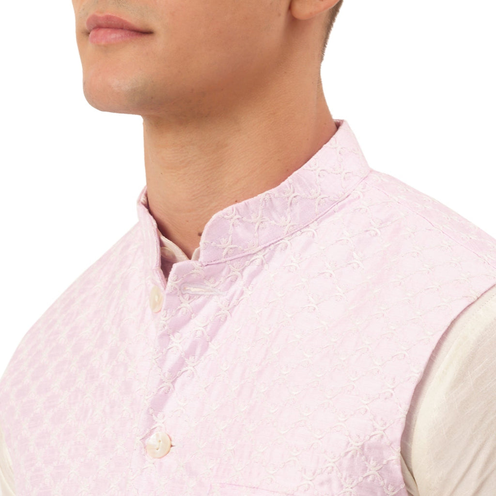 Jompers Men's Woven Design Nehru Jacket and Kurta Pyjama Set - Pink