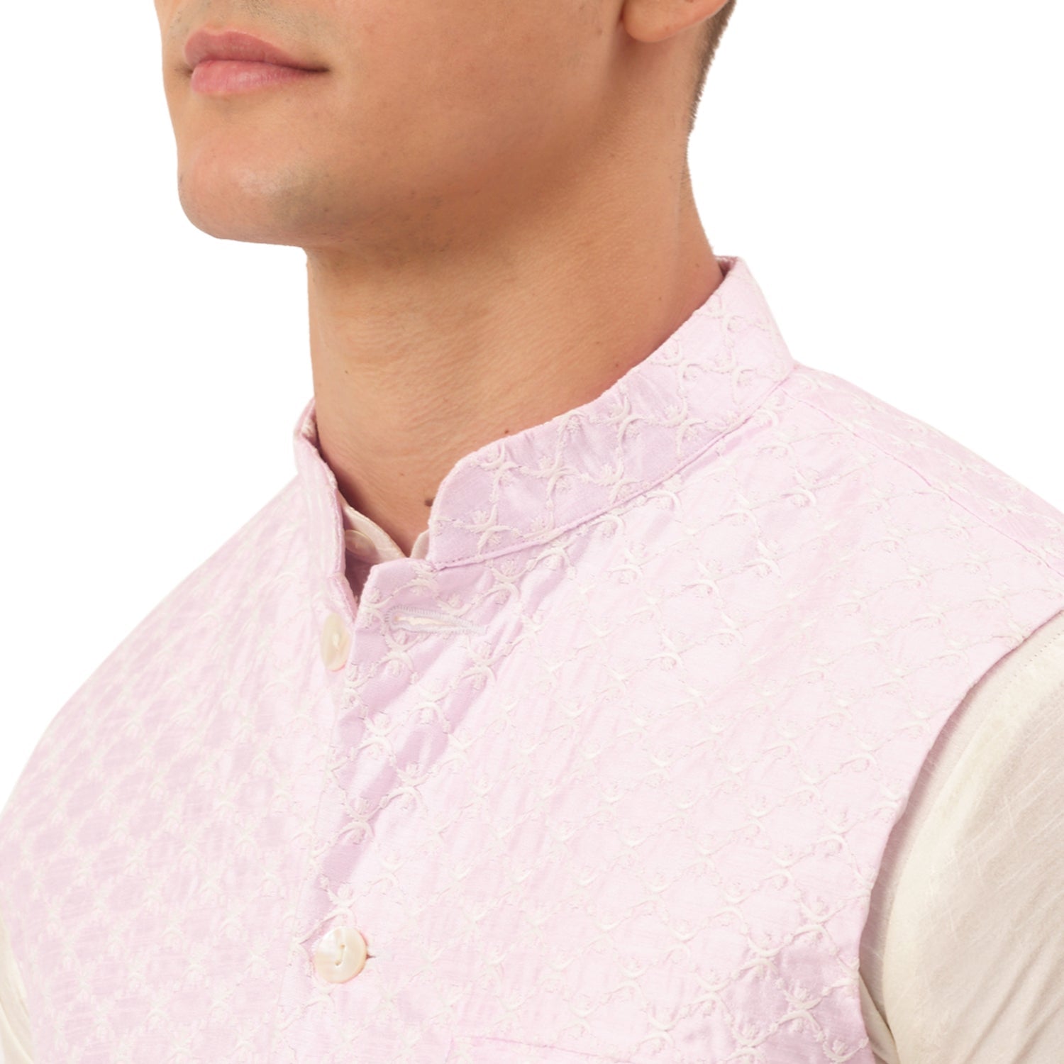 Jompers Men's Woven Design Nehru Jacket and Kurta Pyjama Set - Pink