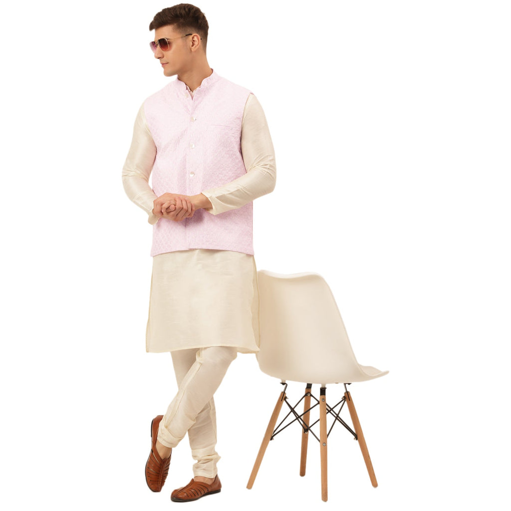 Jompers Men's Woven Design Nehru Jacket and Kurta Pyjama Set - Pink