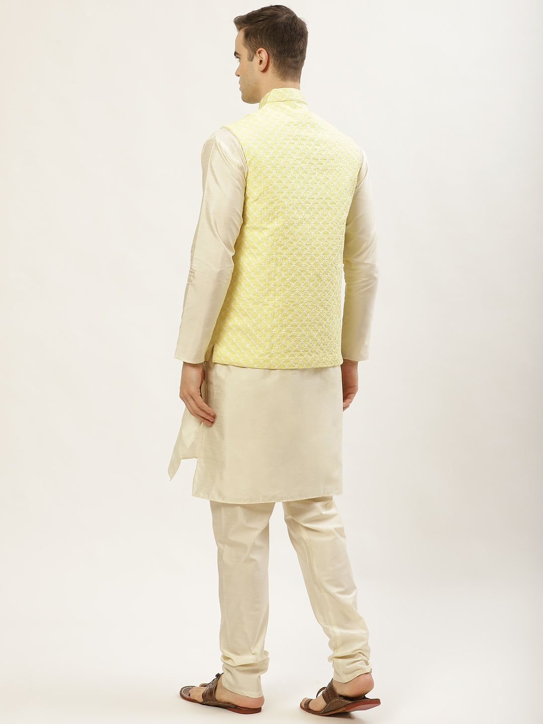 Jompers Men's Embroidered Nehru Jacket & Kurta Pyjama ( Yellow )
