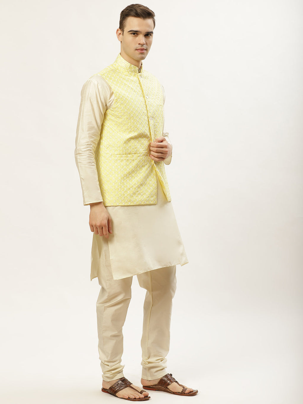 Jompers Men's Embroidered Nehru Jacket & Kurta Pyjama ( Yellow )