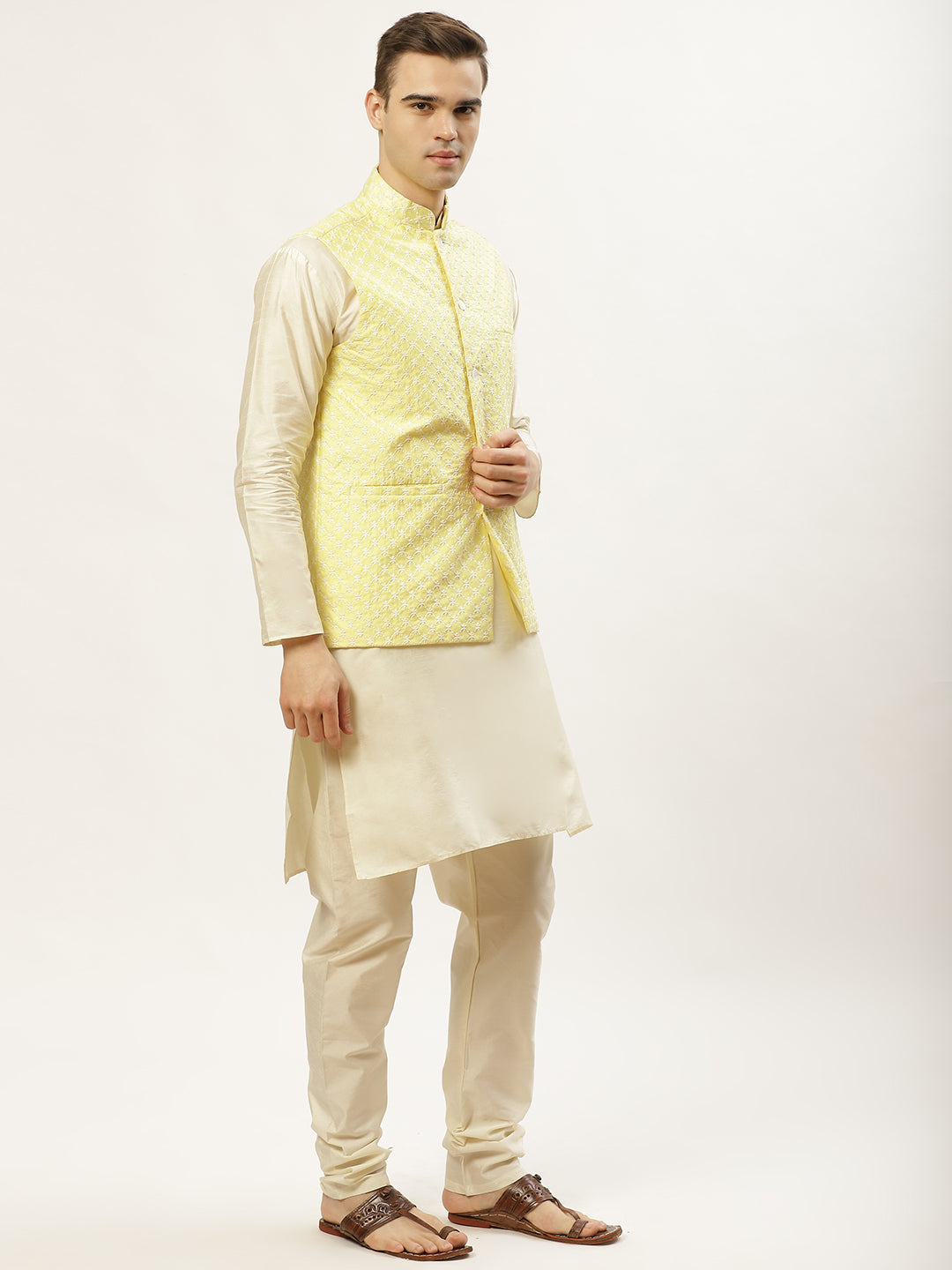 Jompers Men's Embroidered Nehru Jacket & Kurta Pyjama ( Yellow )