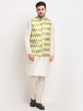 Jompers Men's Ikat Print Nehru Jacket & Kurta Pyjama ( Multi-Olive )
