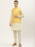 Jompers Men's Ikat Print Nehru Jacket & Kurta Pyjama ( Mustard )