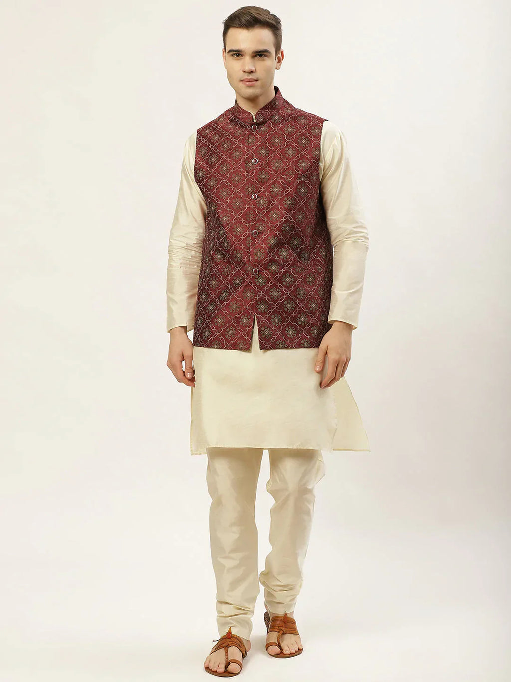 Jompers Men's Printed Nehru Jacket and Kurta Pyjama Set - Maroon