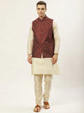 Jompers Men's Printed Nehru Jacket and Kurta Pyjama Set - Maroon