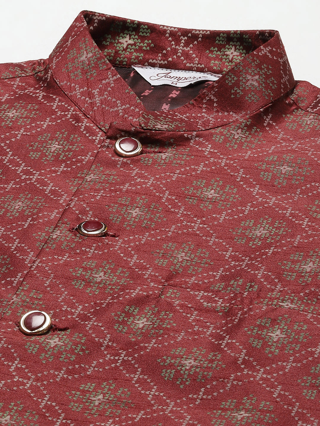 Jompers Men's Printed Nehru Jacket and Kurta Pyjama Set - Maroon