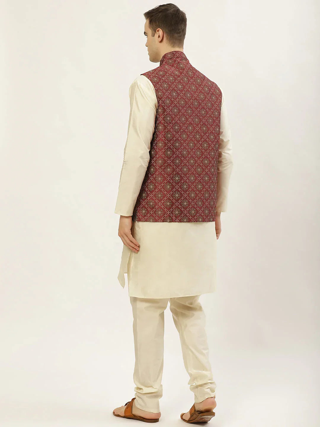 Jompers Men's Printed Nehru Jacket and Kurta Pyjama Set - Maroon