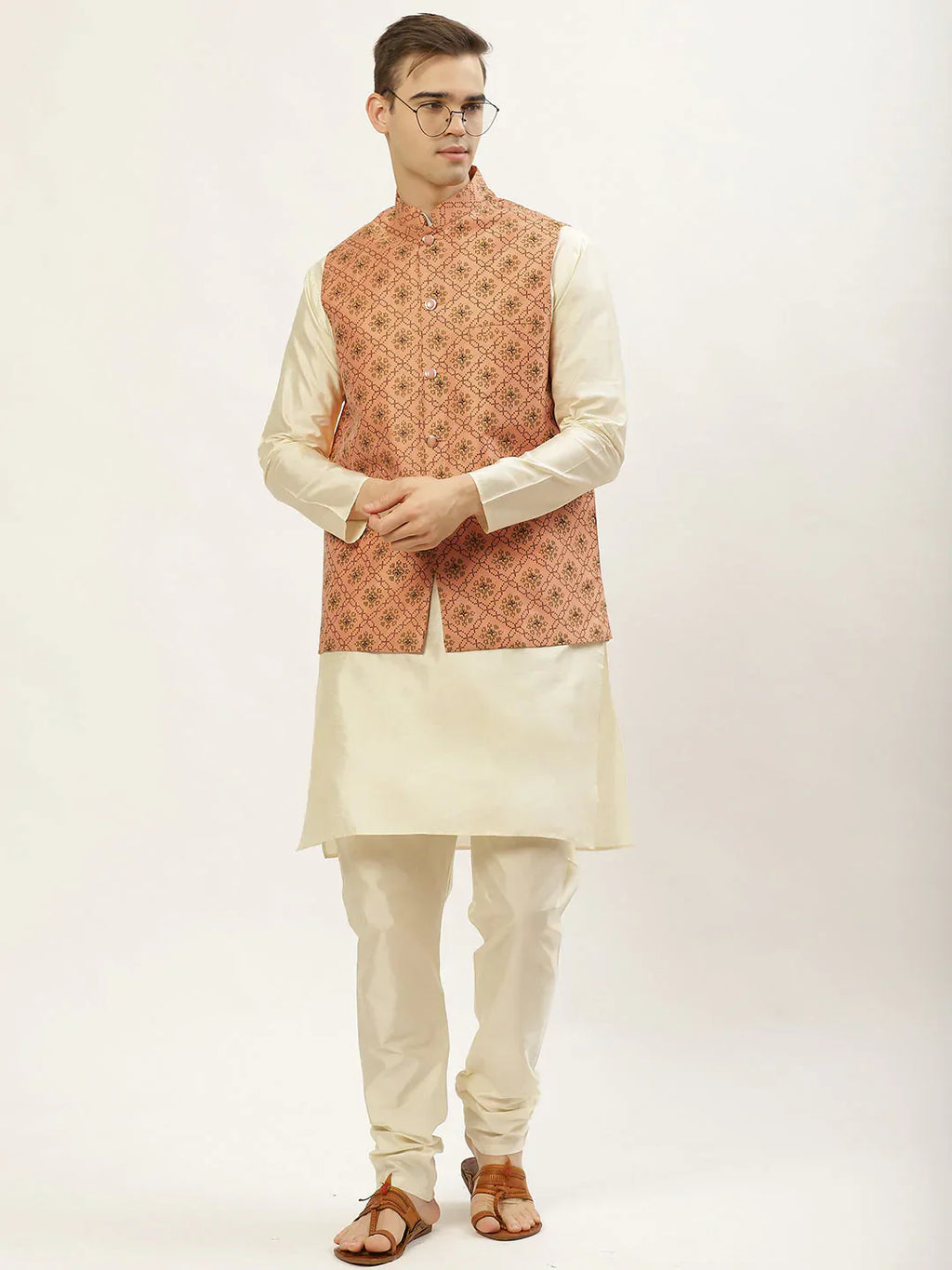 Jompers Men's Printed Nehru Jacket and Kurta Pyjama Set - Orange