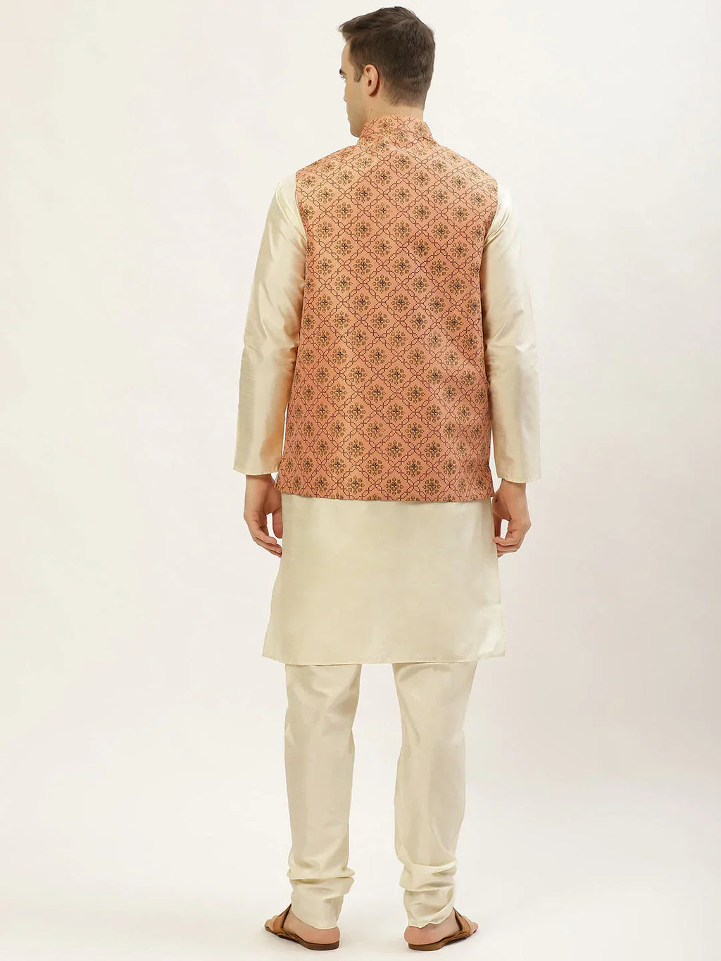 Jompers Men's Printed Nehru Jacket and Kurta Pyjama Set - Orange