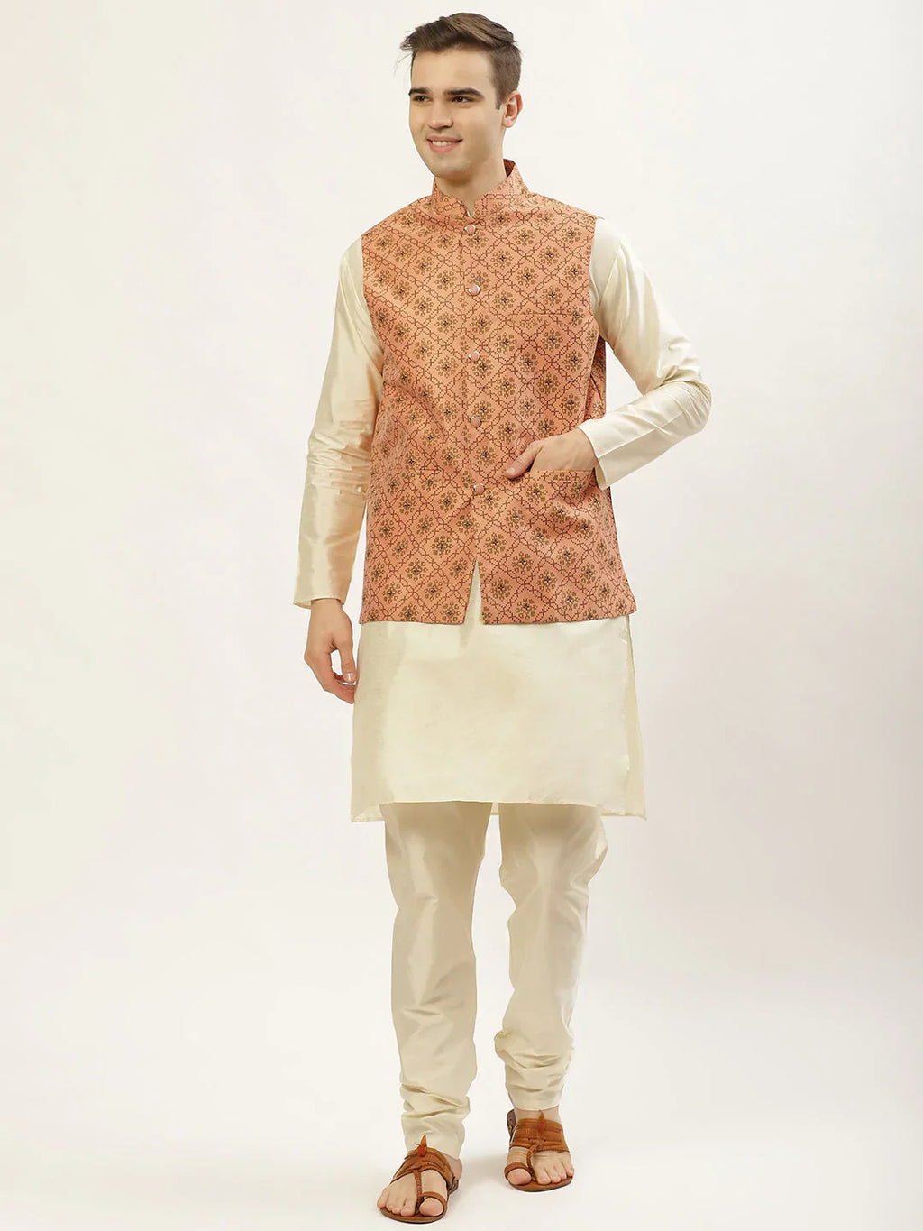 Jompers Men's Printed Nehru Jacket and Kurta Pyjama Set - Orange