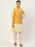 Jompers Men's Solid Kurta Pyjama With Floral Mustard Printed Nehru Jacket