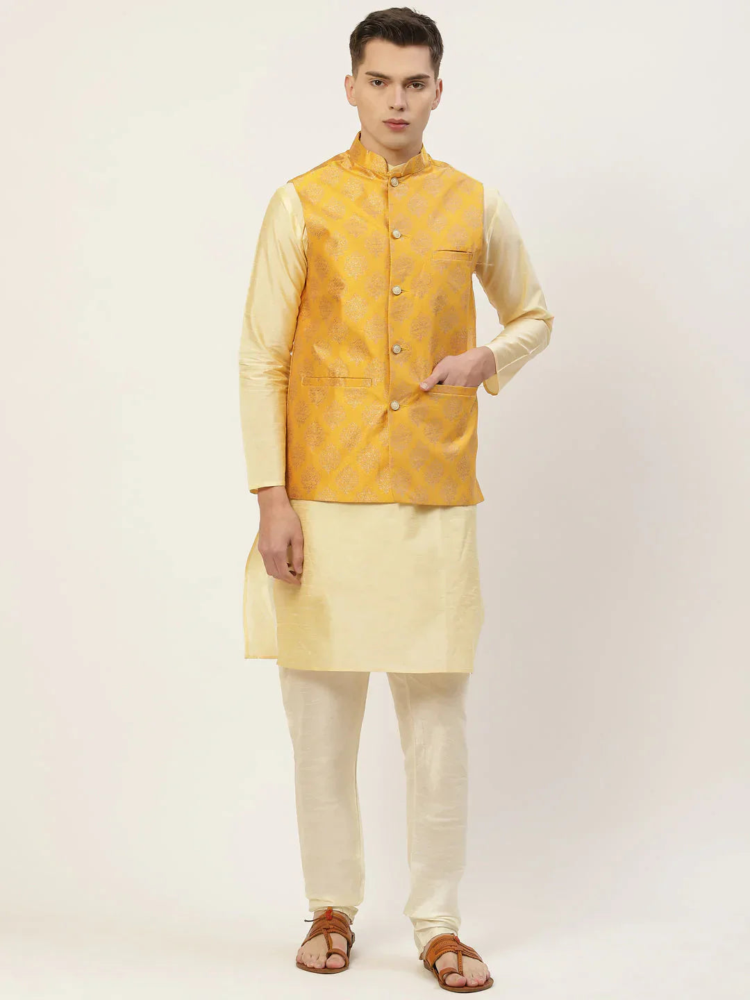 Jompers Men's Solid Kurta Pyjama With Floral Mustard Printed Nehru Jacket