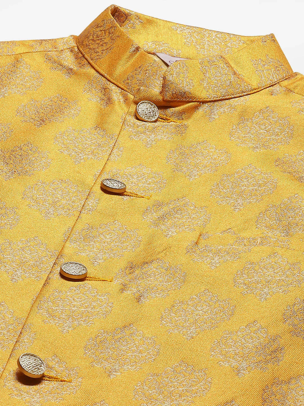 Jompers Men's Solid Kurta Pyjama With Floral Mustard Printed Nehru Jacket