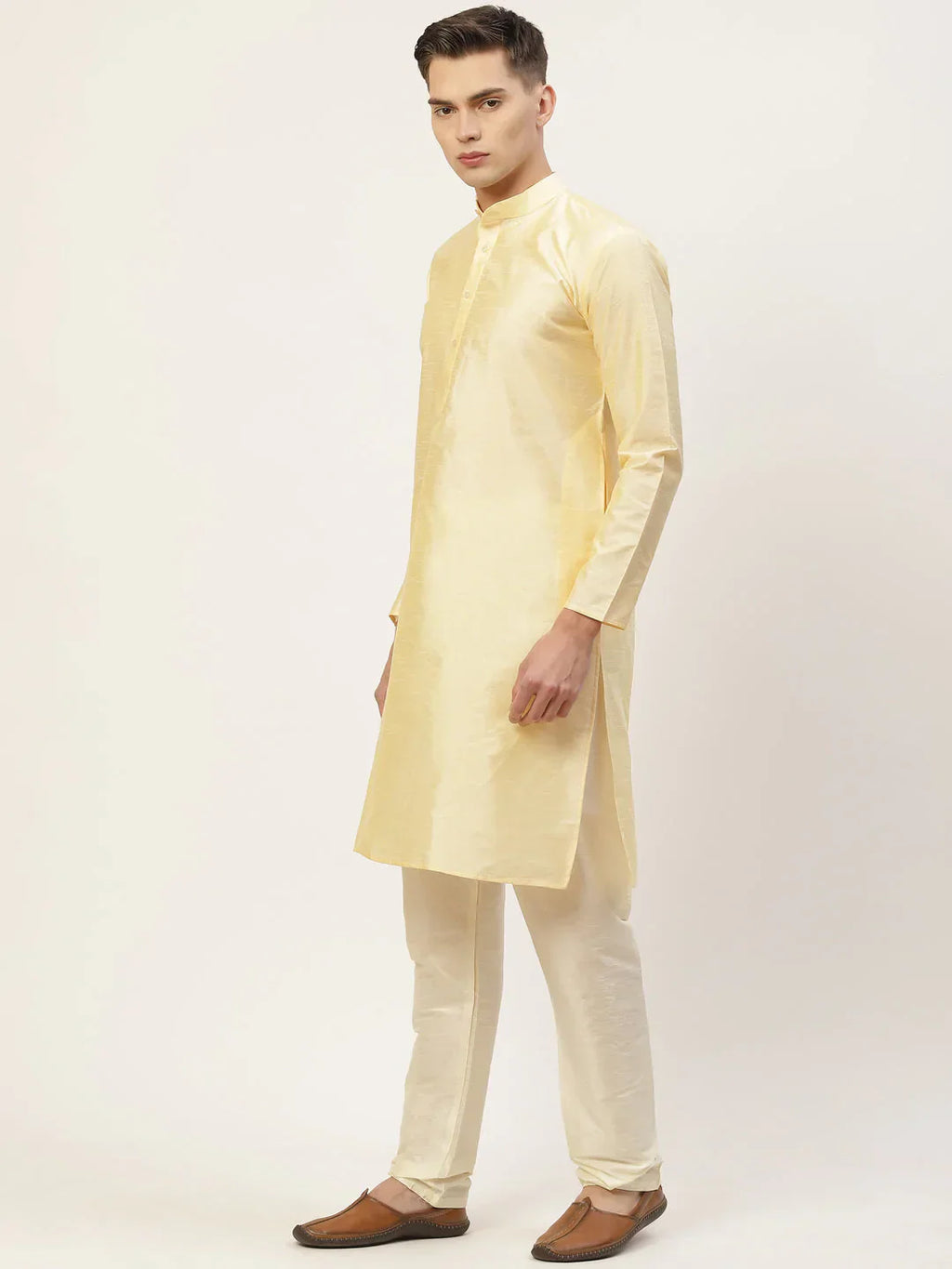 Jompers Men's Solid Kurta Pyjama With Floral Mustard Printed Nehru Jacket