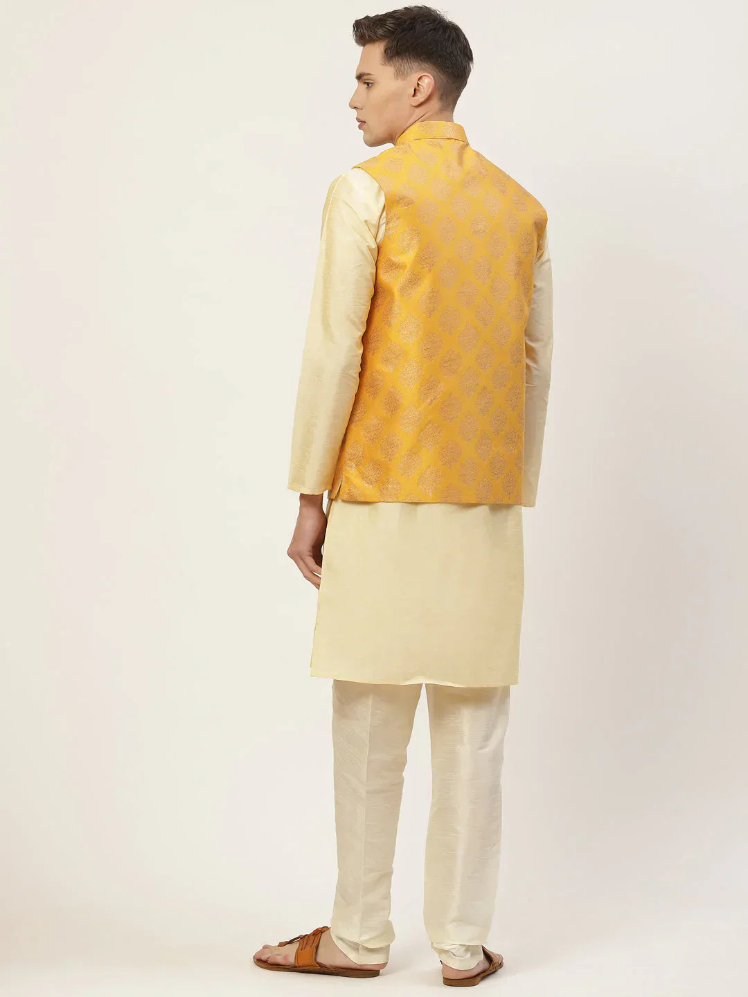Jompers Men's Solid Kurta Pyjama With Floral Mustard Printed Nehru Jacket