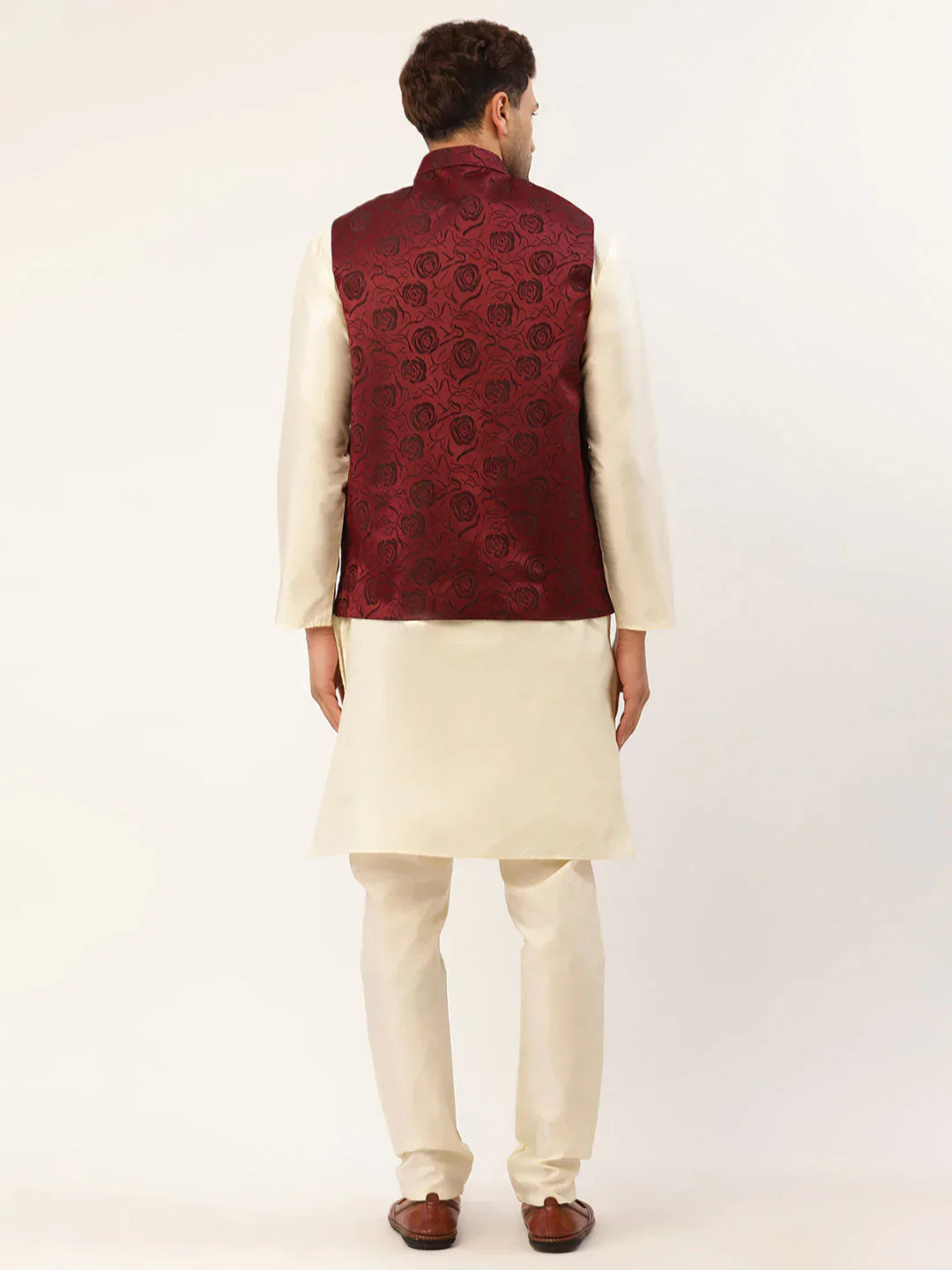 Jompers Men's Solid Kurta Pyjama With Maroon Floral Embroidered Nehru Jacket