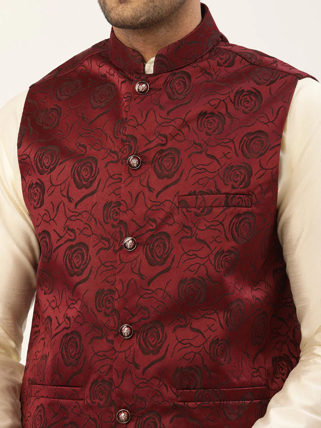 Jompers Men's Solid Kurta Pyjama With Maroon Floral Embroidered Nehru Jacket