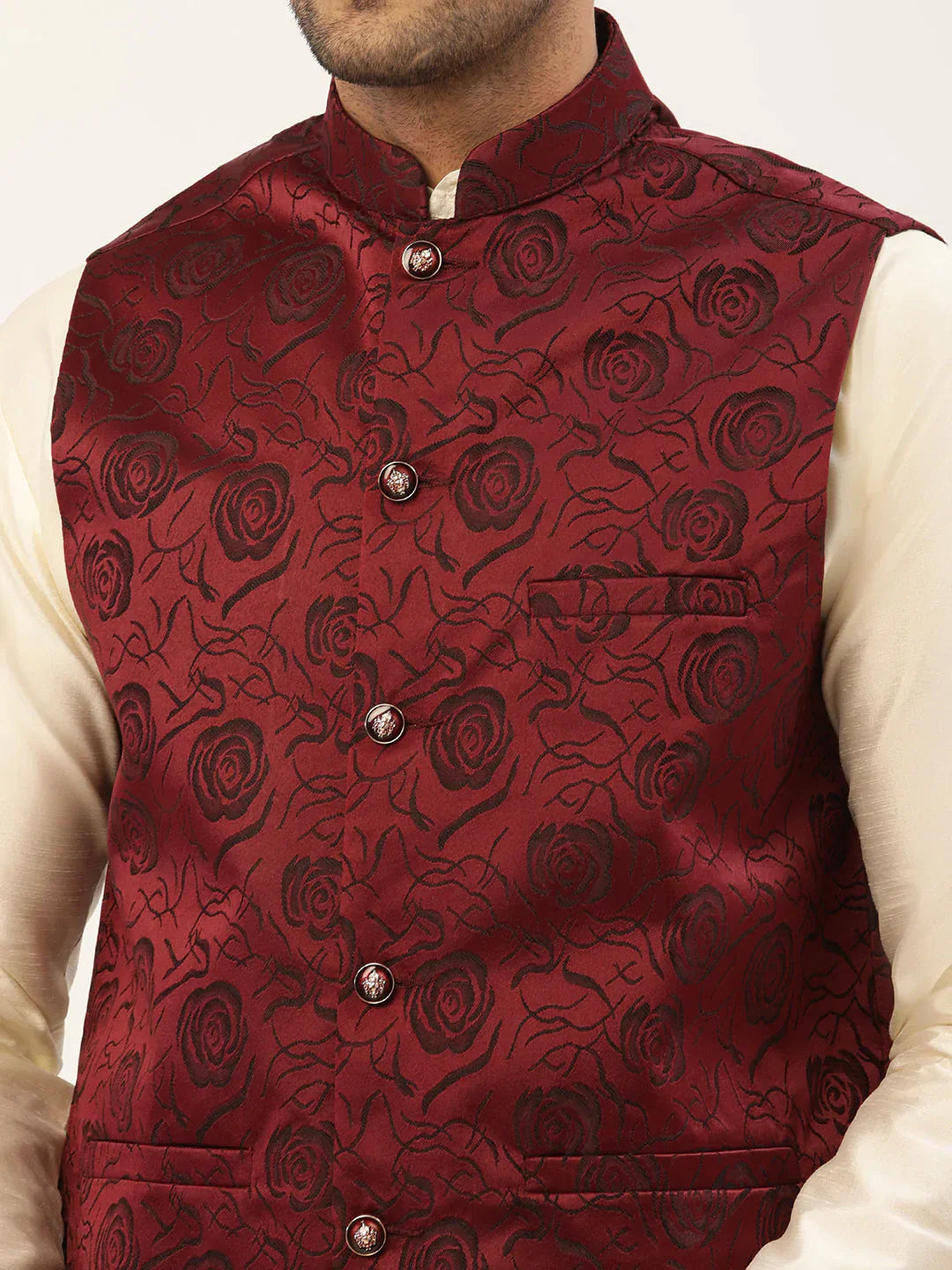 Jompers Men's Solid Kurta Pyjama With Maroon Floral Embroidered Nehru Jacket