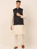 Jompers Men's Solid Kurta Pyjama With Floral Embroidered Nehru Jacket - Navy Blue