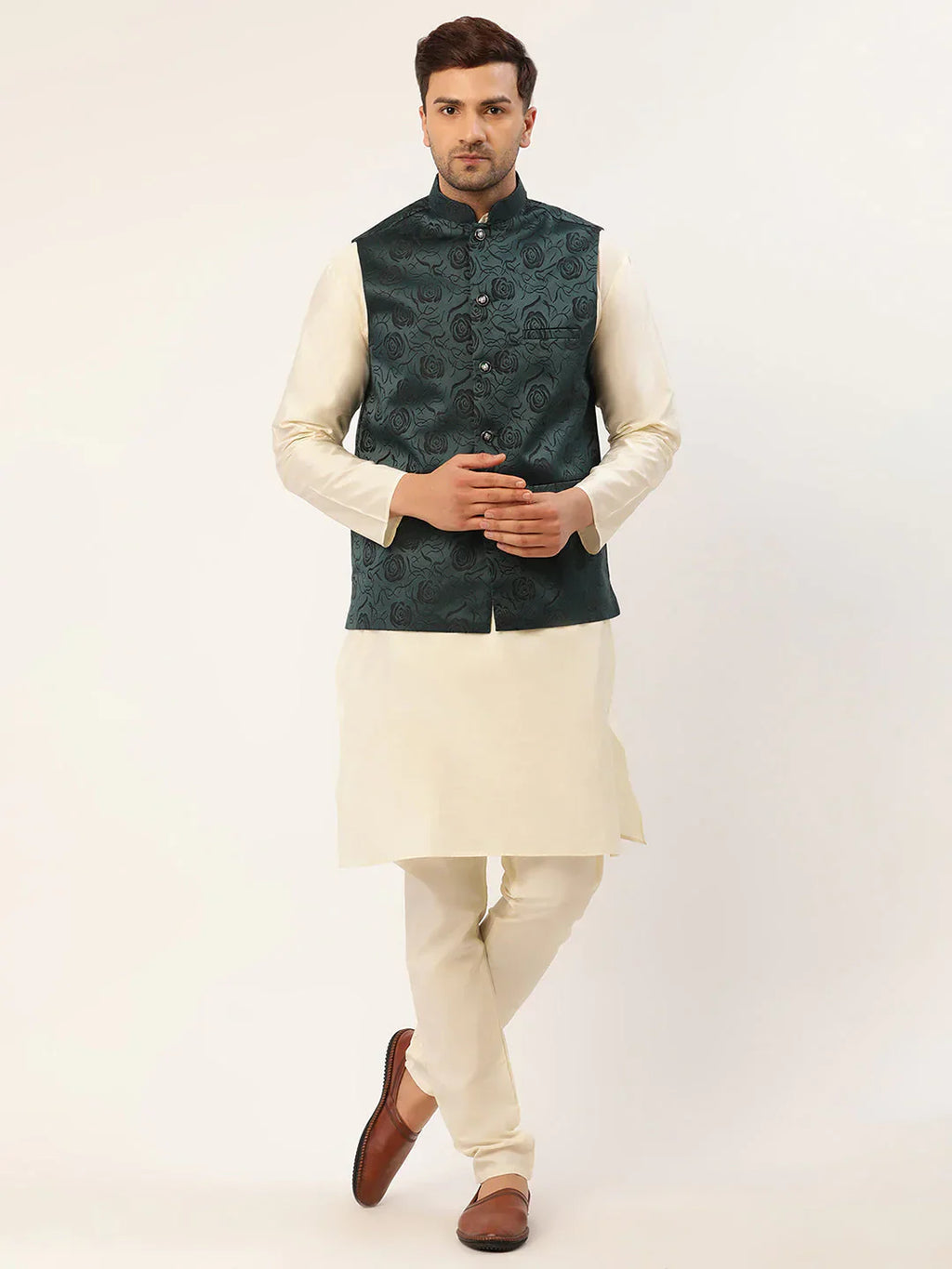 Jompers Men's Solid Kurta Pyjama With Teal Floral Embroidered Nehru Jacket