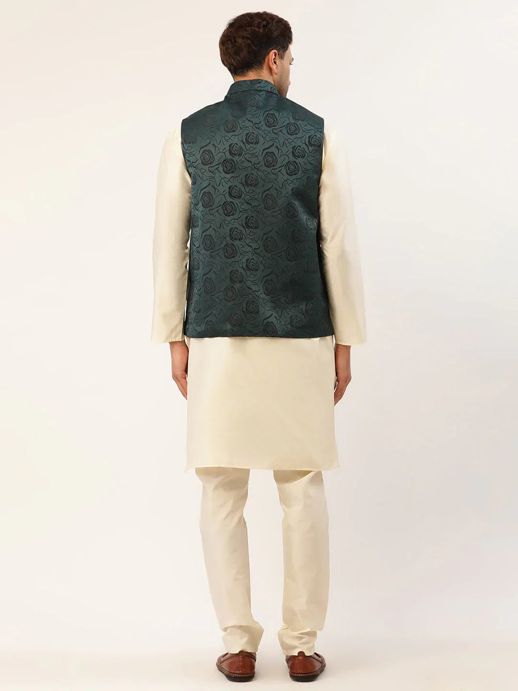 Jompers Men's Solid Kurta Pyjama With Teal Floral Embroidered Nehru Jacket