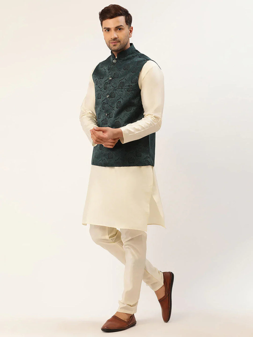 Jompers Men's Solid Kurta Pyjama With Teal Floral Embroidered Nehru Jacket
