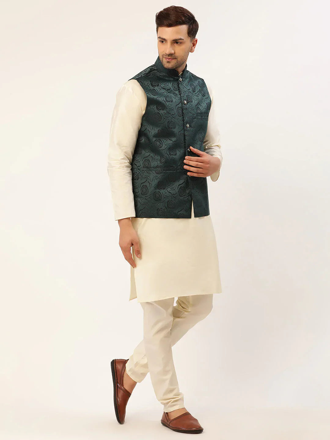 Jompers Men's Solid Kurta Pyjama With Teal Floral Embroidered Nehru Jacket