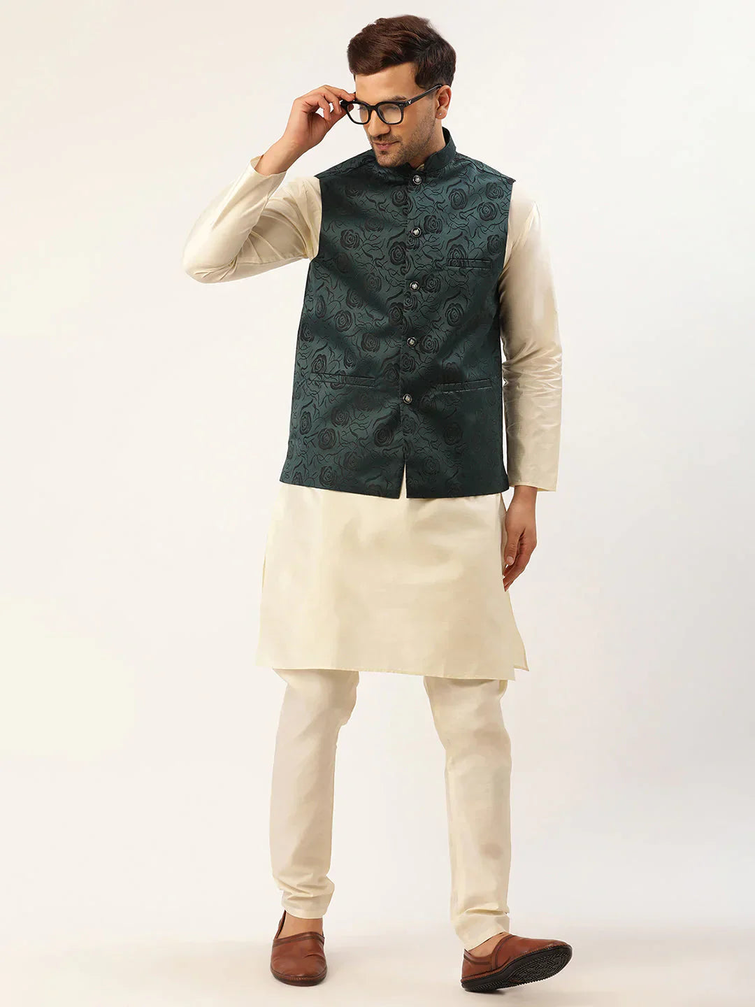Jompers Men's Solid Kurta Pyjama With Teal Floral Embroidered Nehru Jacket