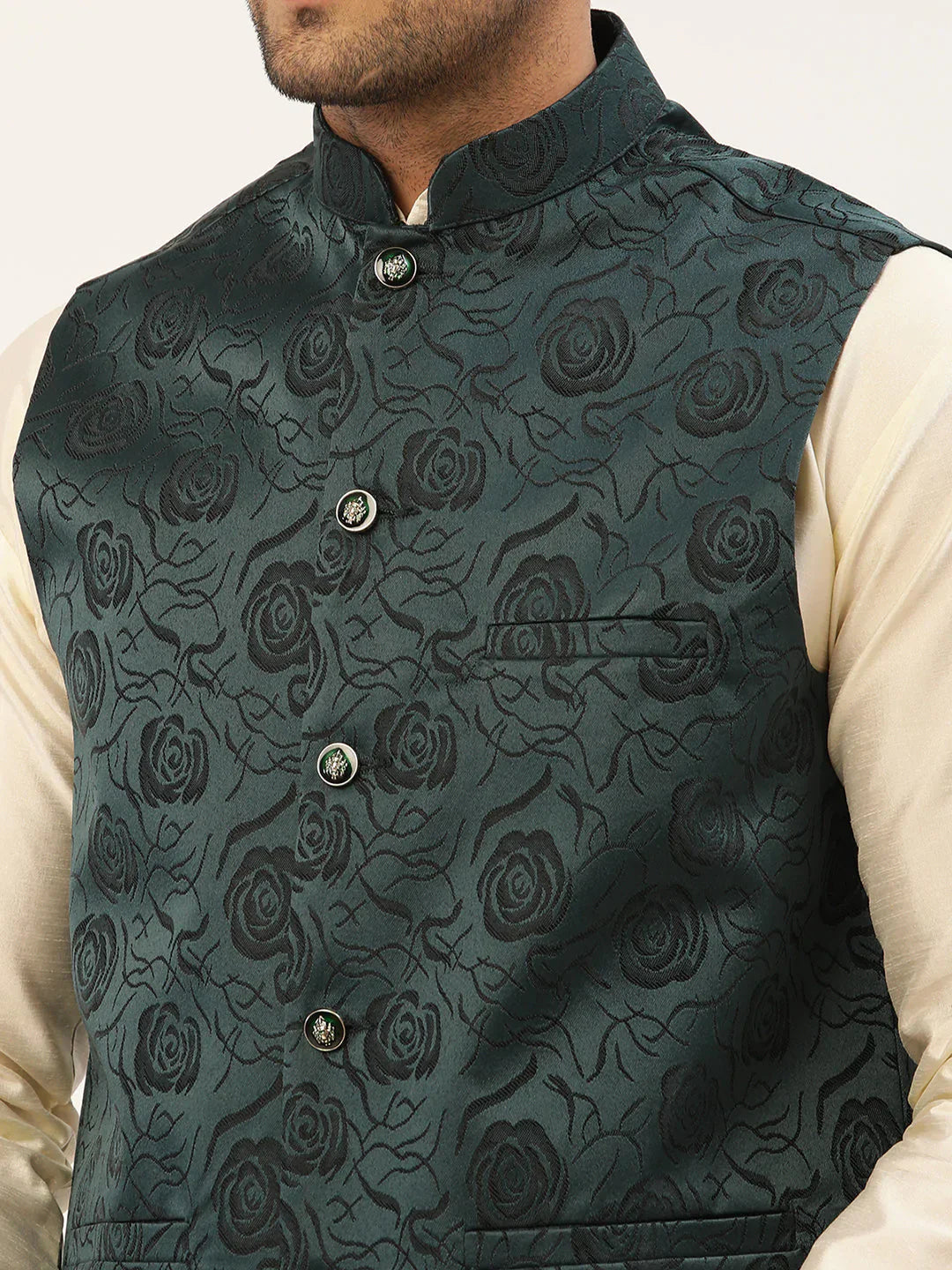 Jompers Men's Solid Kurta Pyjama With Teal Floral Embroidered Nehru Jacket