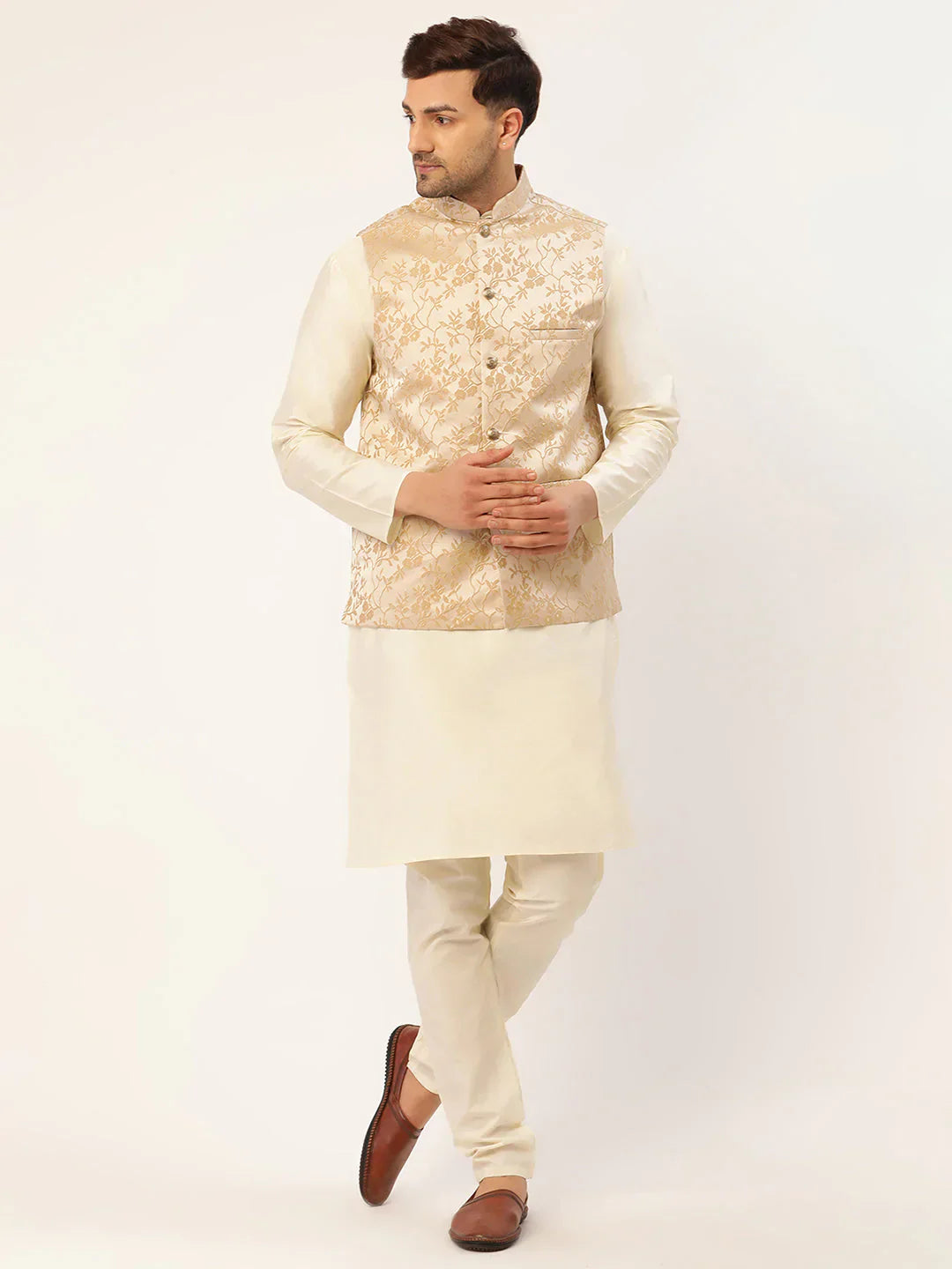 Jompers Men's Solid Kurta Pyjama With Beige Floral Embroidered Nehru Jacket