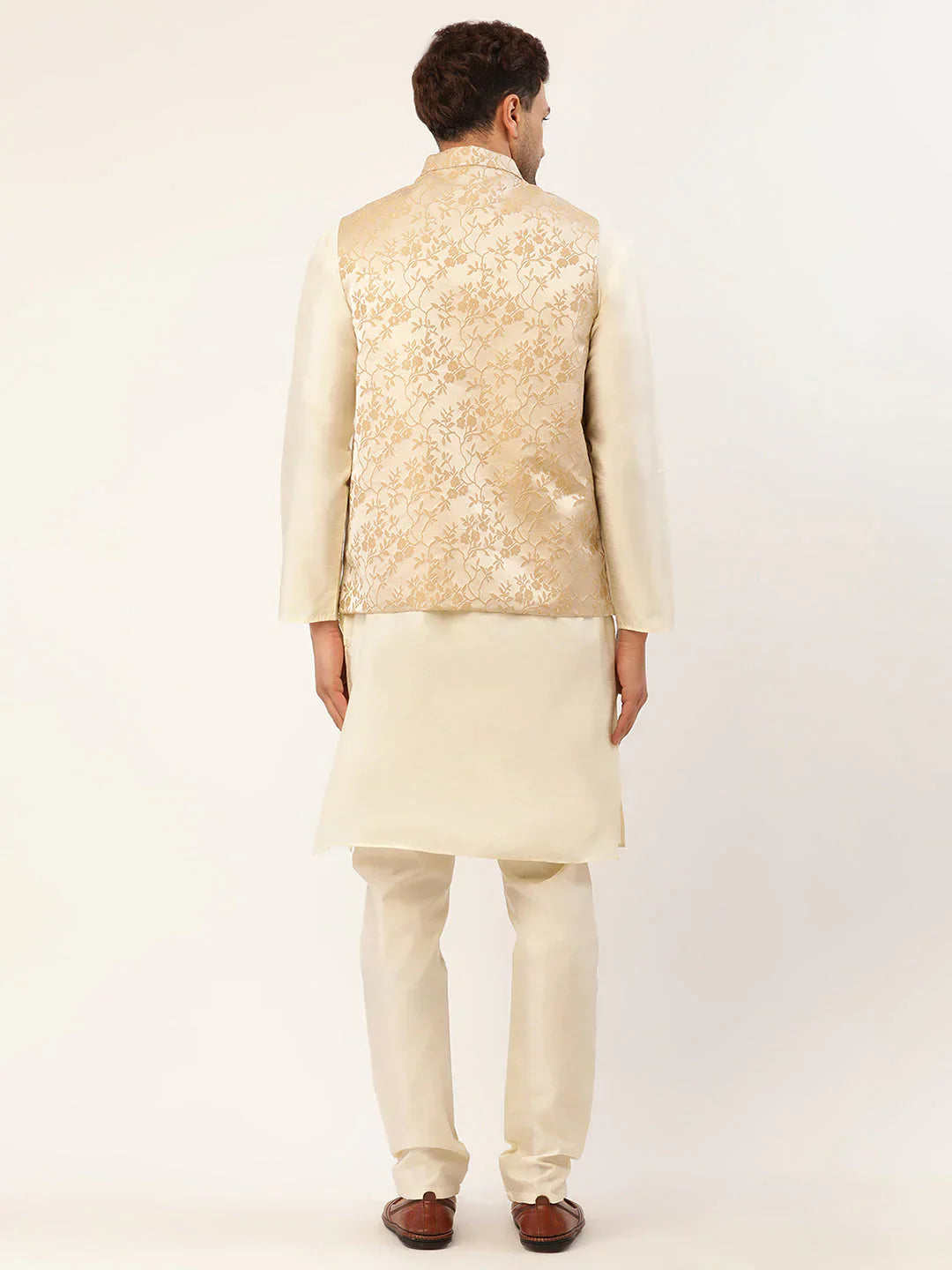 Jompers Men's Solid Kurta Pyjama With Beige Floral Embroidered Nehru Jacket