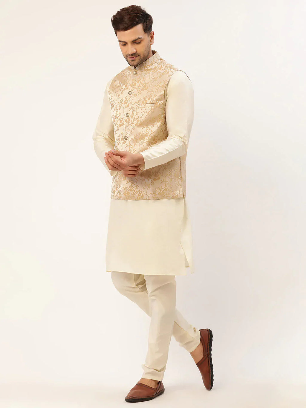 Jompers Men's Solid Kurta Pyjama With Beige Floral Embroidered Nehru Jacket