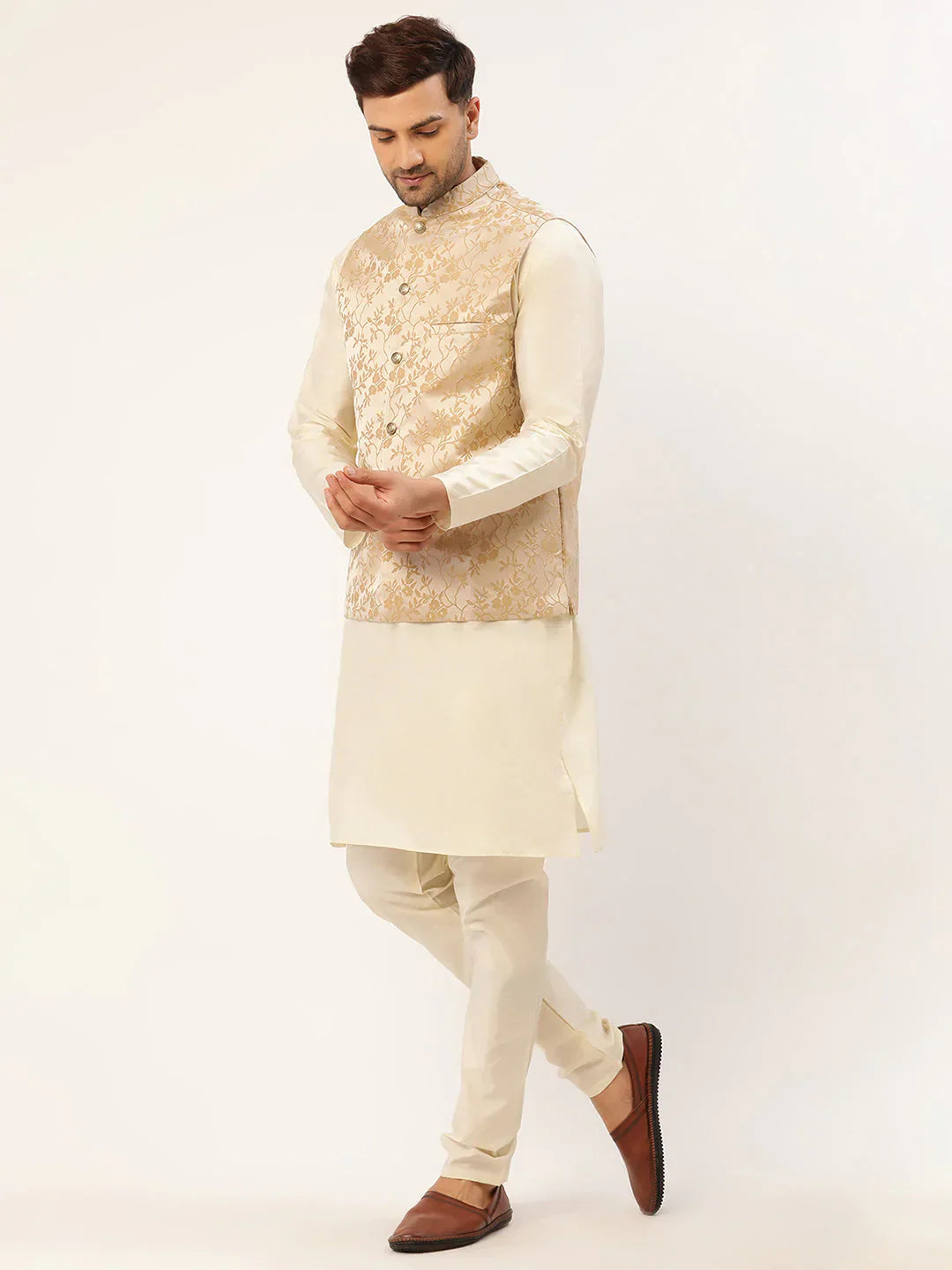 Jompers Men's Solid Kurta Pyjama With Beige Floral Embroidered Nehru Jacket