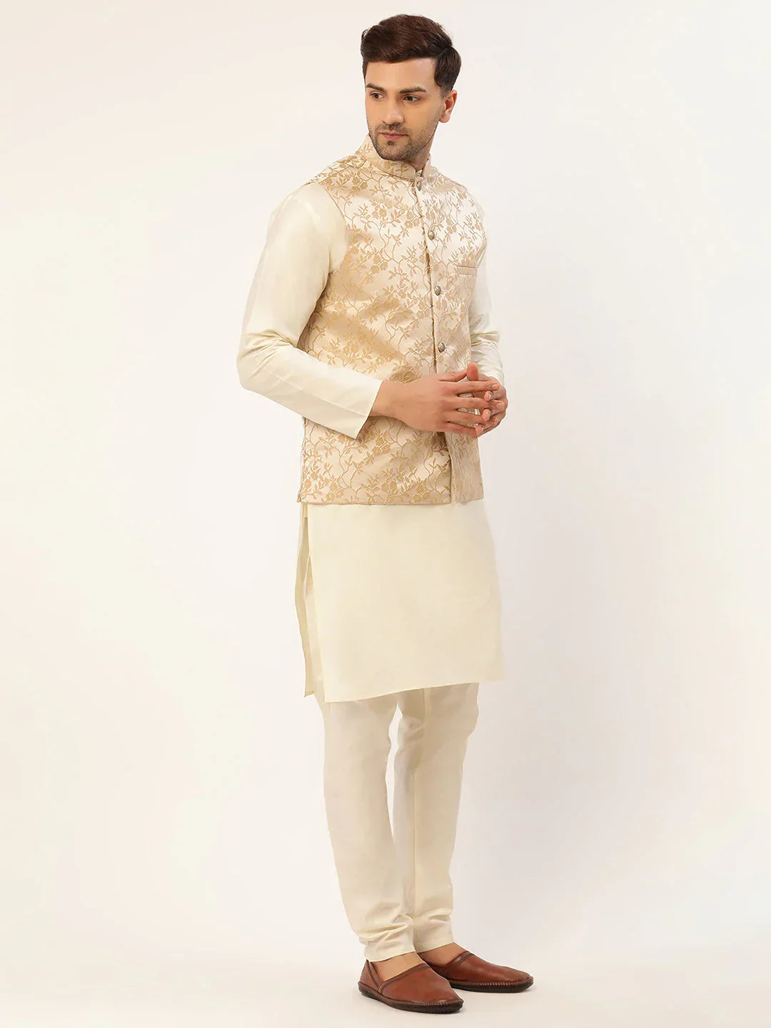 Jompers Men's Solid Kurta Pyjama With Beige Floral Embroidered Nehru Jacket