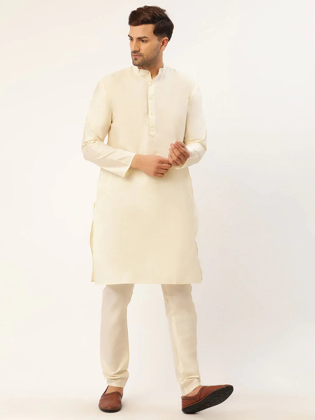 Jompers Men's Solid Kurta Pyjama With Beige Floral Embroidered Nehru Jacket