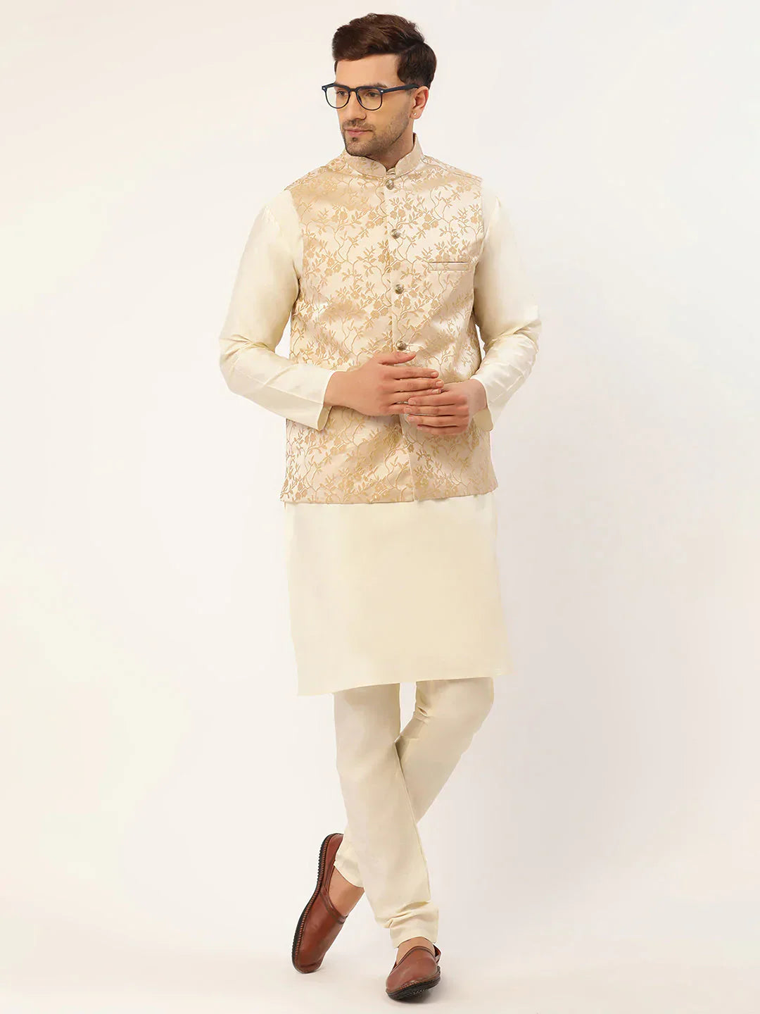 Jompers Men's Solid Kurta Pyjama With Beige Floral Embroidered Nehru Jacket
