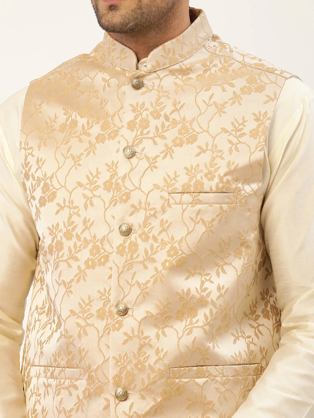 Jompers Men's Solid Kurta Pyjama With Beige Floral Embroidered Nehru Jacket