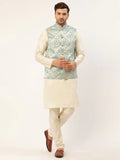 Jompers Men's Solid Kurta Pyjama With Blue Floral Embroidered Nehru Jacket