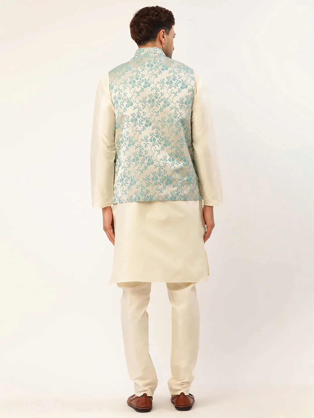 Jompers Men's Solid Kurta Pyjama With Blue Floral Embroidered Nehru Jacket